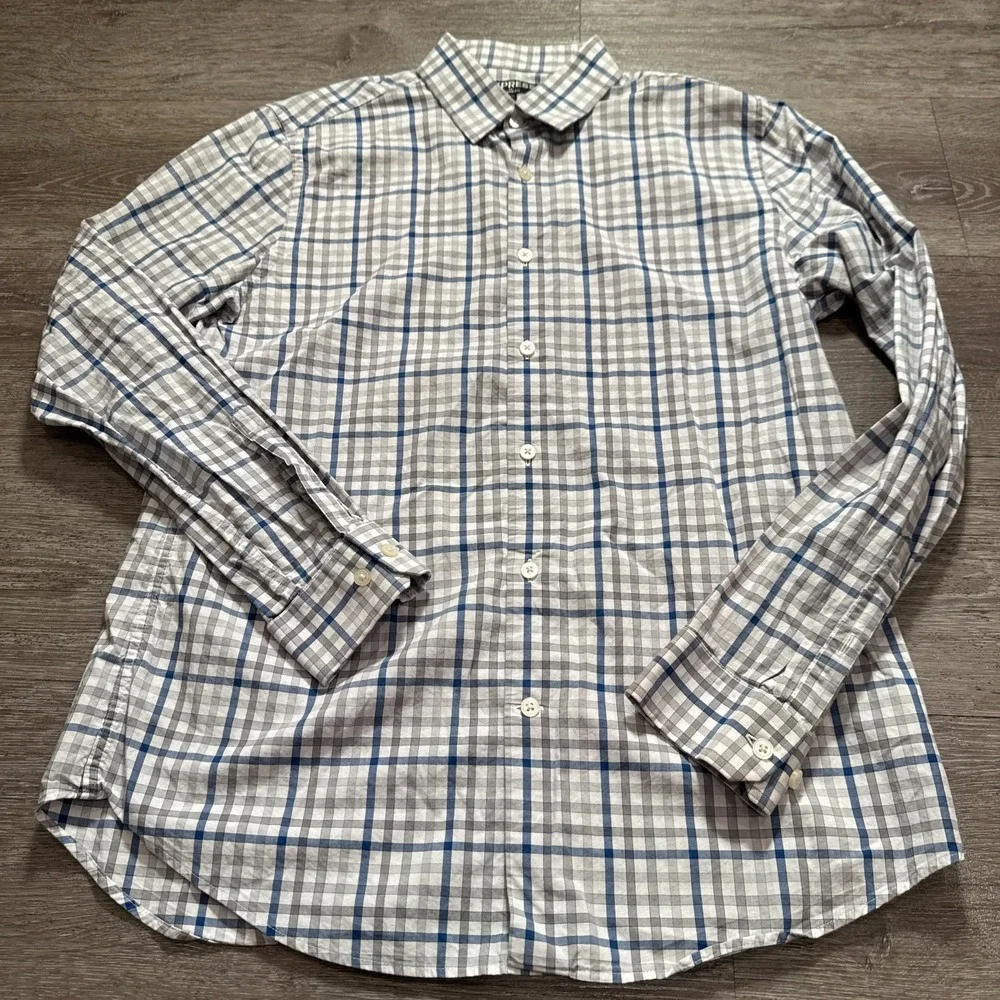 Express Shirt Mens M Blue Grey 100% Cotton Plaid Modern Fit Business Casual Prep